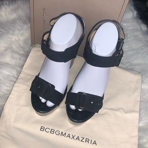 BCBG Maxazria Black Goat 🐐 Leather Wedges Size 9/39 $248 Retail Style #MNHDB273